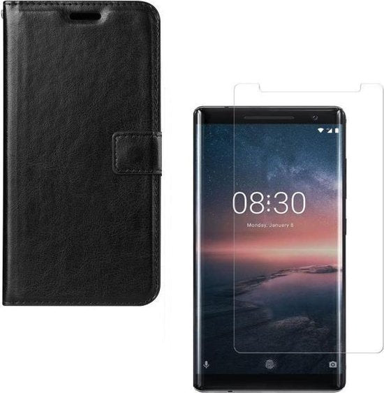 Nokia 8 Sirocco Hoesjes – Portemonnee Hoes – Magneetsluiting – Pasjeshouder – Zwart + 2x Screenprotector-Ilumina Benelux