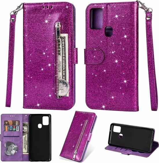 Sparkly Glitter Wallet Hoesje met Rits & Koord Geschikt voor: Samsung Galaxy M21 / M30S - Paars