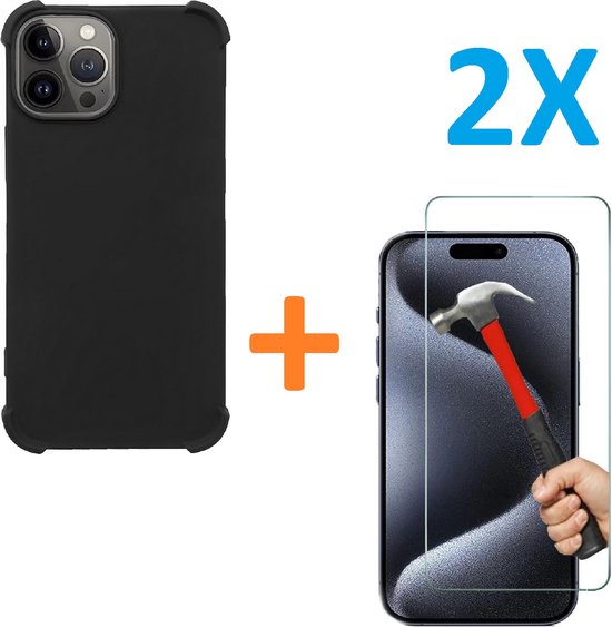 iPhone 14 Pro Max Hoesjes – Siliconen Backcover – Schokbestendig – 2x Screenprotector Gehard Glas – Zwart