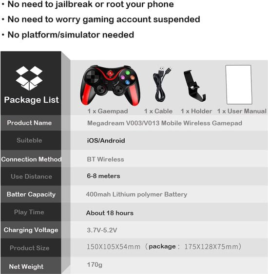 Bluetooth Game Controller – MFi draadloze gamepad joystick – Direct Play – Geschikt voor iPhone 16/15/14/13/12/11 & Android – Zwart-Ilumina Benelux