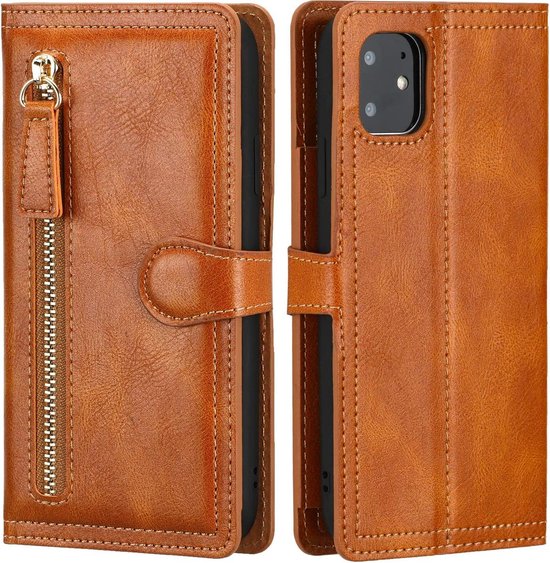 iPhone 12 Pro Max Hoesjes – Bookcase Portemonnee Flipcover – Ritssluiting – Magneetsluiting – 5 Pasjes – Lichtbruin-Ilumina Benelux
