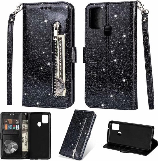 Samsung Galaxy A21S Hoesjes – Glitter Portemonnee Hoes – Rits & Koord – Pasjeshouder – Zwart-Ilumina Benelux
