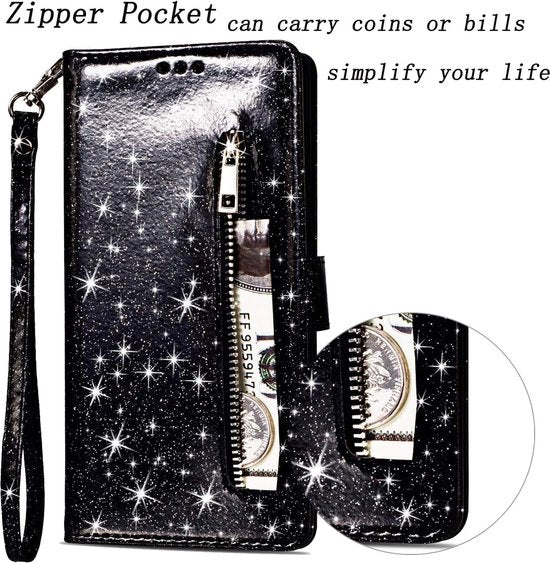 Samsung Galaxy S10 Hoesjes – Glitter Portemonnee Hoes – Rits & Koord – Pasjeshouder – Zwart