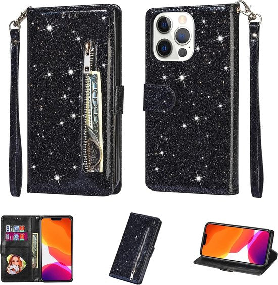 iPhone 14 Pro Hoesjes – Glitter Portemonneehoes – Rits & Koord – Pasjeshouder – Zwart-Ilumina Benelux