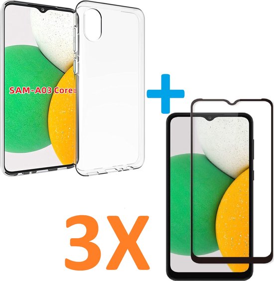 Samsung Galaxy A03 Core Hoesjes – Transparante Siliconen Backcover – 3 Pack Screenprotector – Gehard Glas-Ilumina Benelux