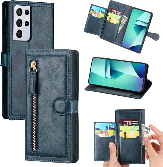 Samsung Galaxy S22 Plus Hoesjes – Bookcase Portemonnee Hoes – Ritssluiting – 5 Pasjeshouder – Blauw-Ilumina Benelux