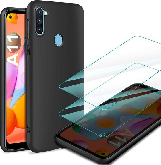 Samsung Galaxy M11 Hoesjes – Soft TPU Siliconen Backcover – 2x Gehard Glas Screenprotector – Zwart-Ilumina Benelux