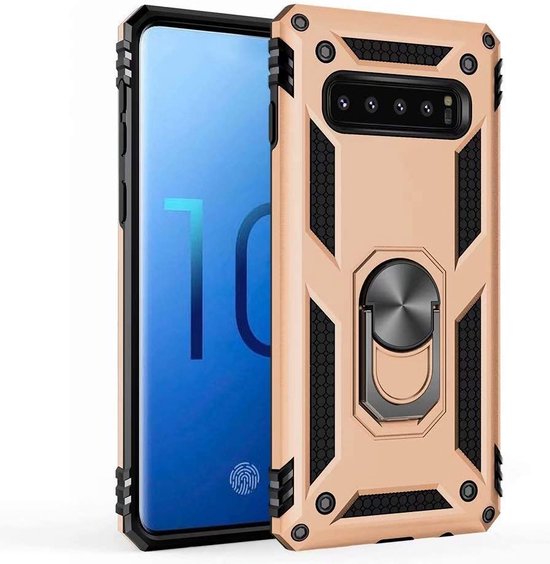 Samsung Galaxy S10 Plus Hoesjes – Ring Armor Backcover – 360° Draaibare Standaard – Magneet – Goud-Ilumina Benelux