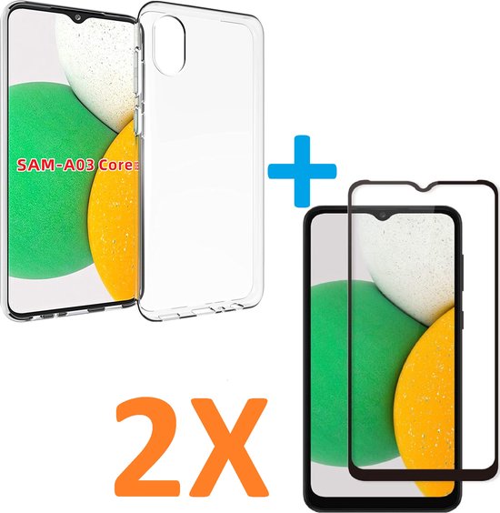 Samsung Galaxy A03 Core Hoesjes – Transparante Siliconen Backcover – 2x Screenprotector Gehard Glas – Anti-kras-Ilumina Benelux