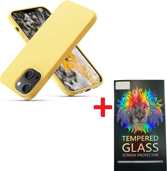 iPhone 14 Hoesjes – Liquid Siliconen Backcover – Inclusief Screenprotector – Schokbestendig – Geel-Ilumina Benelux