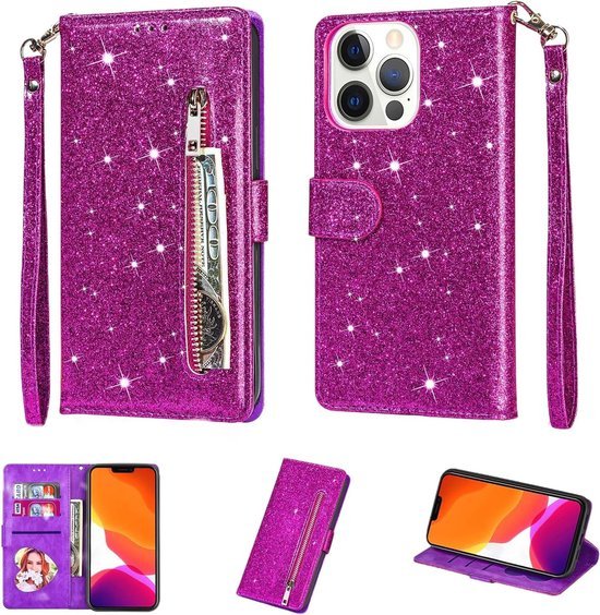 iPhone 14 Pro Max Hoesjes – Glitter Portemonnee Hoes – Rits & Koord – Paars-Ilumina Benelux