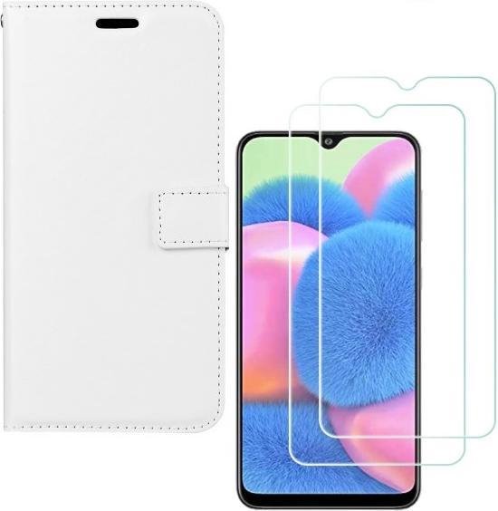 Samsung Galaxy A50S Hoesjes – Portemonnee Bookcase – Pasjeshouder – 2x Gehard Glas Screenprotector – Wit-Ilumina Benelux