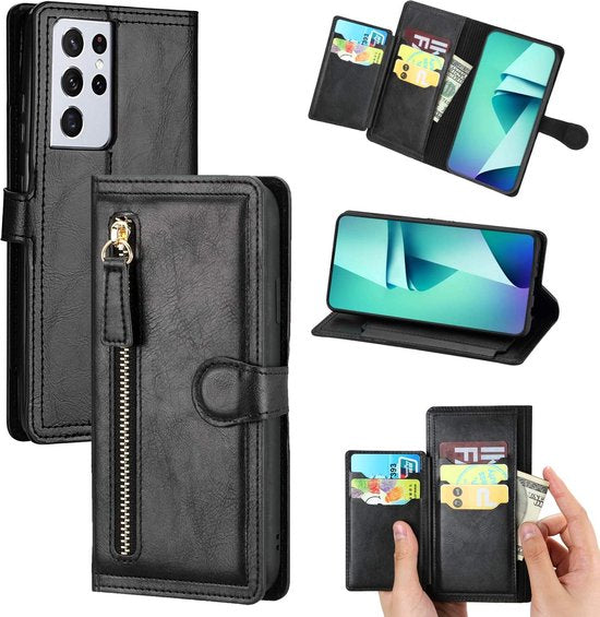 Samsung Galaxy S22 Ultra Hoesjes – Bookcase Portemonneehoes – Ritssluiting – 5 Pasjeshouder – Zwart-Ilumina Benelux