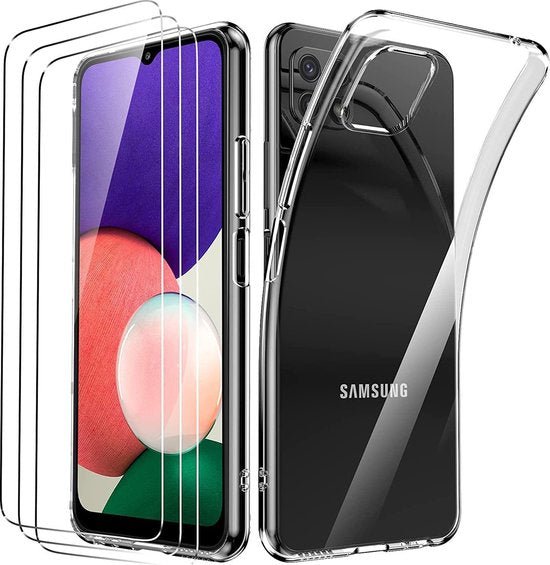Samsung Galaxy A22 4G Hoesjes – Transparante Siliconen Backcover – Inclusief 3x Screenprotector Gehard Glas-Ilumina Benelux