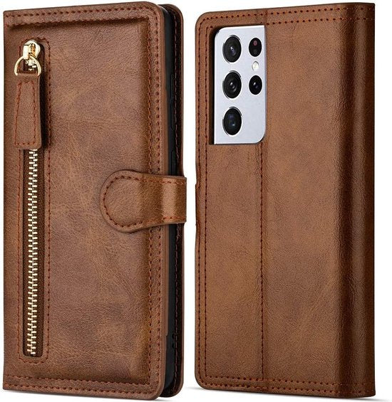 Samsung Galaxy S21 FE Hoesjes – Bookcase Portemonneehoes – Ritssluiting – 5 Pasjeshouder – Donkerbruin-Ilumina Benelux