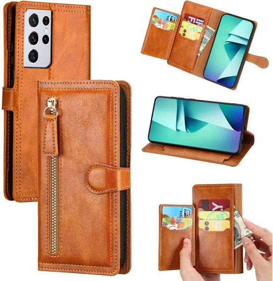 Samsung Galaxy S21 Plus Hoesjes – Bookcase Portemonnee – Ritssluiting – 5 Pasjeshouder – Lichtbruin-Ilumina Benelux