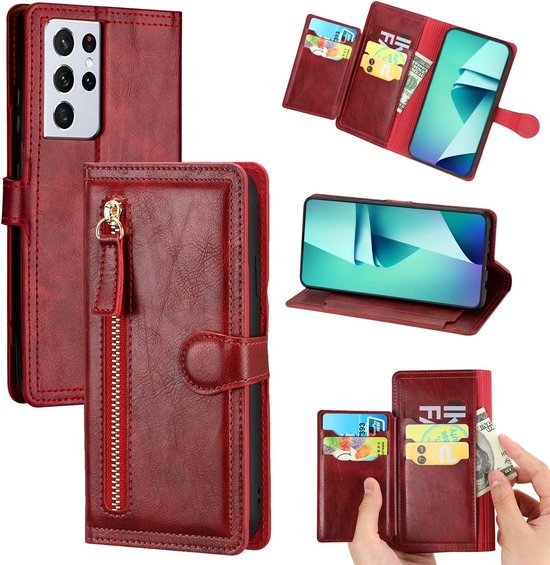 Samsung Galaxy A23 5G Hoesjes – Bookcase Portemonnee Hoes – Ritssluiting – 5 Pasjeshouder – Rood-Ilumina Benelux