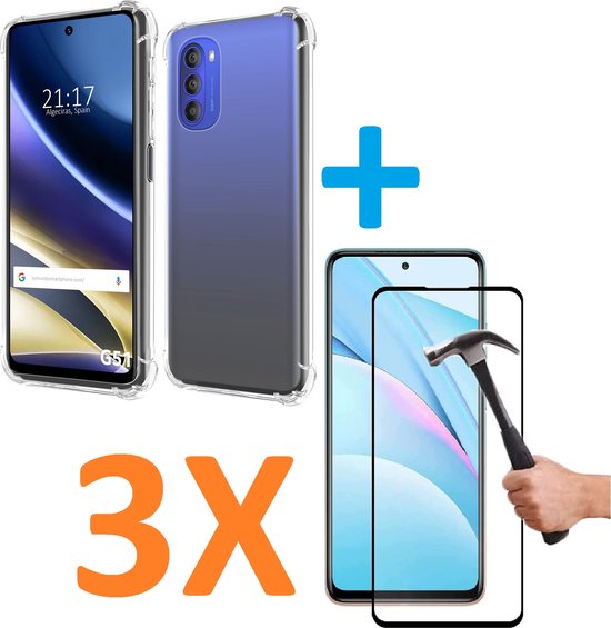 Motorola Moto G51 Hoesjes – Shockproof TPU Siliconen Backcover – Schokbestendig – Inclusief 3x Full Screenprotector – Transparant-Ilumina Benelux