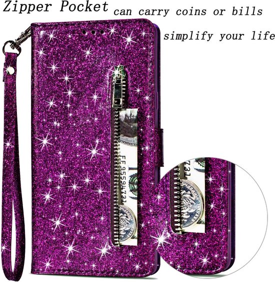 Samsung Galaxy S10 Hoesjes – Glitter Portemonnee Case – Rits & Koord – Pasjeshouder – Paars-Ilumina Benelux