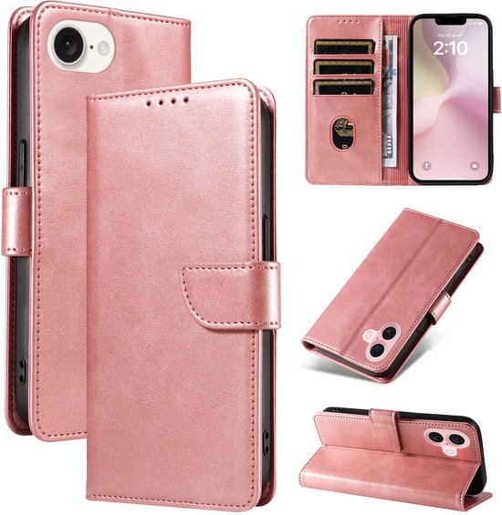 iPhone 16E Hoesjes – Luxe PU Kalfsleer Wallet – Magneetsluiting – Pasjeshouder – Roségoud-Ilumina Benelux