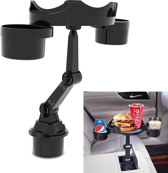 Telefoonhouder auto – Bekerhouder met uitschuifbare lade – Eettafel & opbergvak – 2-in-1 – Zwart-Ilumina Benelux