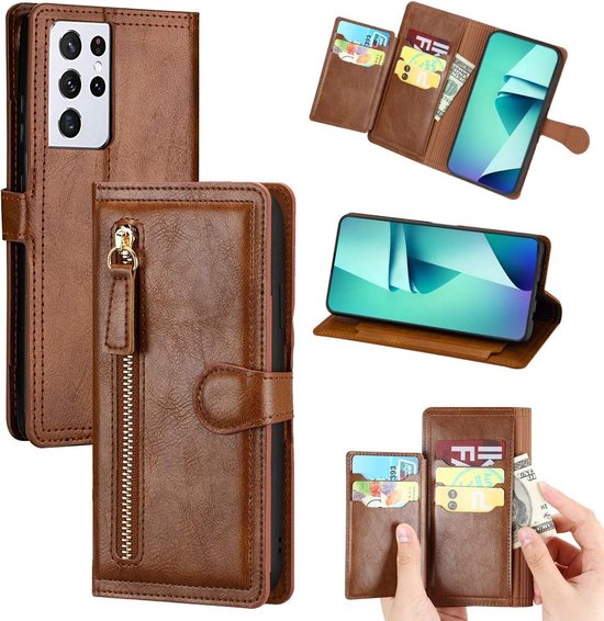 Samsung Galaxy S21 Ultra Hoesjes – Bookcase Portemonneehoes – Ritssluiting – 5 Pasjeshouder – Donkerbruin-Ilumina Benelux
