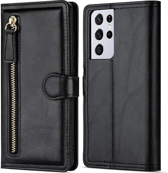 Samsung Galaxy S21 Hoesjes – Bookcase Portemonnee – Ritssluiting – 5 Pasjeshouder – Zwart-Ilumina Benelux