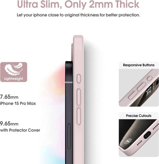 iPhone 15 Pro Hoesjes – Liquid Siliconen Backcover + Screenprotector – Camera Allround Bescherming – Lichtroze-Ilumina Benelux