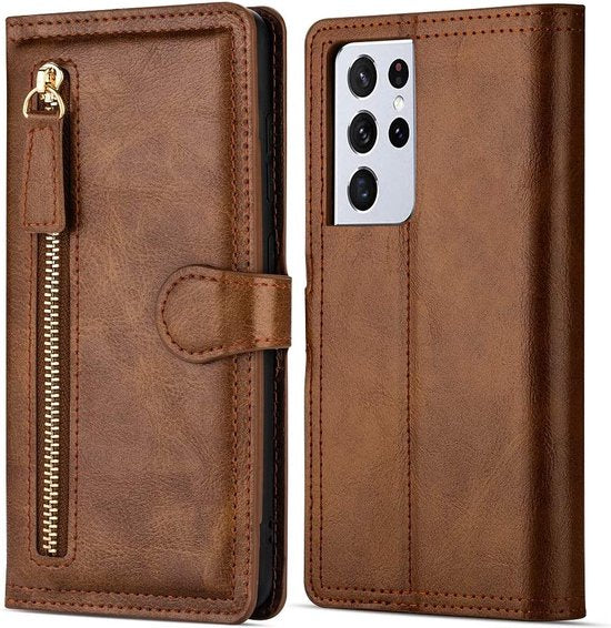 Samsung Galaxy S22 Hoesjes – Bookcase Portemonnee Hoes – Ritssluiting – 5 Pasjeshouder – Donkerbruin-Ilumina Benelux