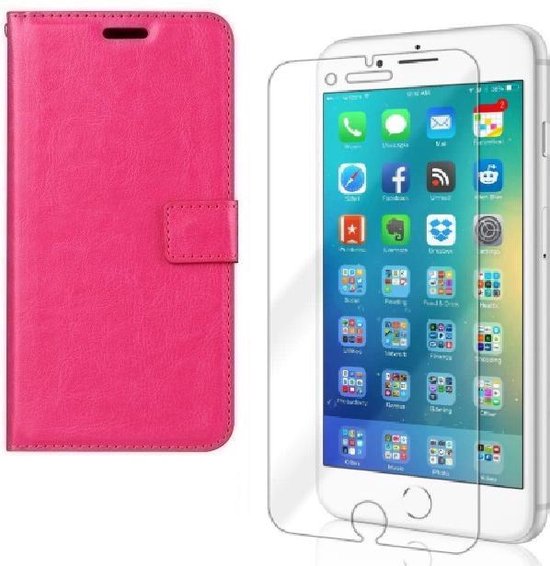 iPhone 7 Plus/8 Plus Hoesjes – Bookcase Portemonnee – Magneetsluiting – 2x Gehard Glas Screenprotector – Roze-Ilumina Benelux
