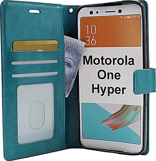 Motorola One Hyper Hoesjes – Portemonnee Book Case – Pasjeshouder met 2x Screenprotector– Magneetsluiting – Turquoise-Ilumina Benelux