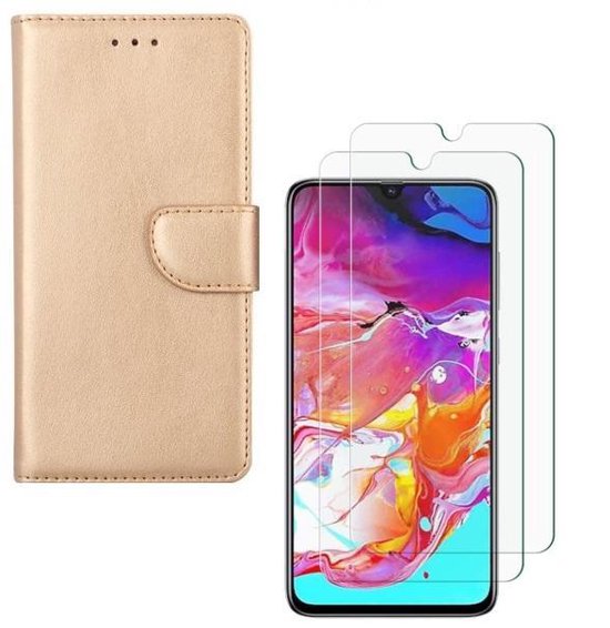 Samsung Galaxy A70/A70S Hoesjes – Portemonnee Hoes – Magneetsluiting – Inclusief 2x Gehard Glas Screenprotector – Goud-Ilumina Benelux