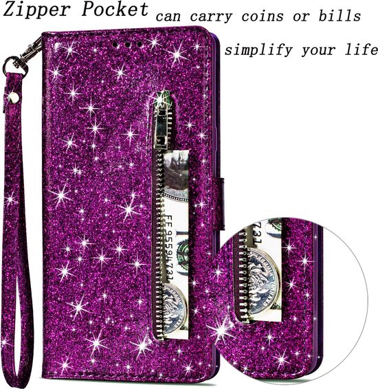 Samsung Galaxy S10 Hoesjes – Glitter Portemonnee Hoes – Rits & Koord – Paars-Ilumina Benelux