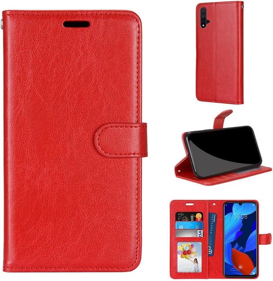 Huawei Nova 5T Hoesjes – Portemonnee Book Case – Pasjeshouder – 2x Screenprotector – Rood-Ilumina Benelux