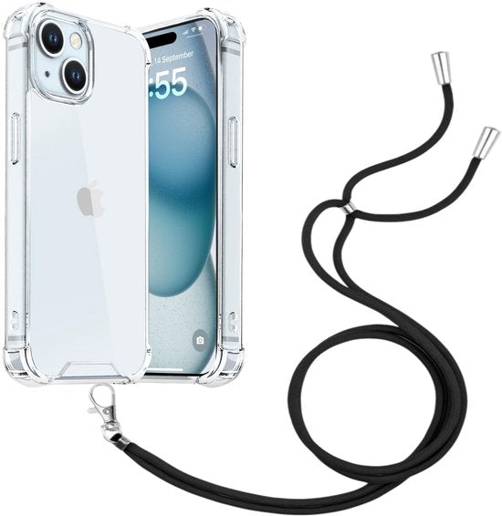 iPhone 15 Plus Hoesjes – Transparante Backcover – Schokbestendig – Nekkoord Koord – Zwart-Ilumina Benelux