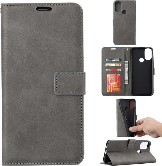 Motorola Moto E20/E30/E40 Hoesjes – Portemonnee Bookcase – Pasjeshouder – Magneetsluiting – Grijs + 3x Screenprotector-Ilumina Benelux
