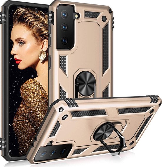 Samsung Galaxy S21 FE Hoesjes – Anti-Shock Hybride Ring Armor Backcover – Schokbestendig – Goud-Ilumina Benelux