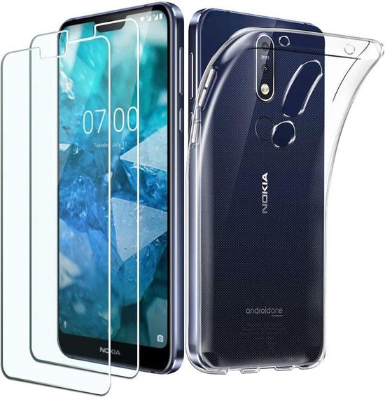 Nokia 7.1 Hoesjes – Transparante Siliconen Backcover – 2x Screenprotector Gehard Glas – Anti-kras-Ilumina Benelux