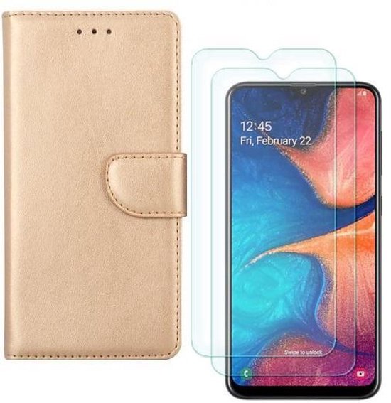 Samsung Galaxy A20E Hoesjes – Portemonnee Hoes – Magneetsluiting – Inclusief 2x Gehard Glas Screenprotector – Goud-Ilumina Benelux