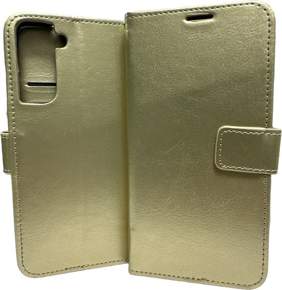 Samsung Galaxy S21 FE Hoesjes – Portemonnee Hoes – 2 Pack Screenprotector – Magneetsluiting – Goud-Ilumina Benelux