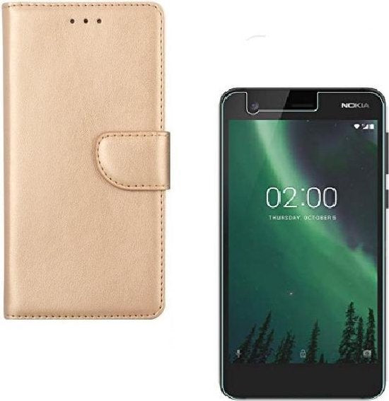 Nokia 2 Hoesjes – Portemonnee Hoes – Magneetsluiting – Inclusief 2x Screenprotector – Goud-Ilumina Benelux