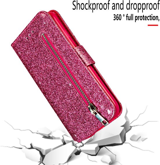 iPhone 14 Hoesjes – Glitter Portemonnee Hoes – Rits & Koord – Pasjeshouder – Roze-Ilumina Benelux