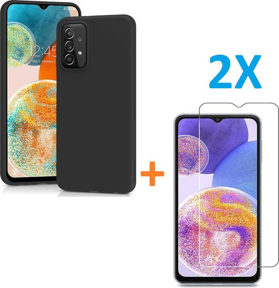 Silicone hoesje zwart met 2 Pack Screenprotector Glas Geschikt voor: Samsung Galaxy A23