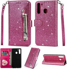 Sparkly Glitter Wallet Hoesje met Rits & Koord Geschikt voor: Samsung Galaxy M11 - Roze