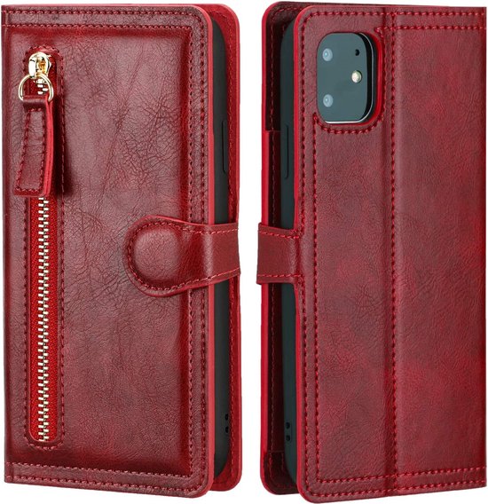 iPhone 13 Pro Hoesjes – Portemonnee Flipcover met Ritssluiting – Magneetsluiting – 5 Pasjeshouder – Rood-Ilumina Benelux