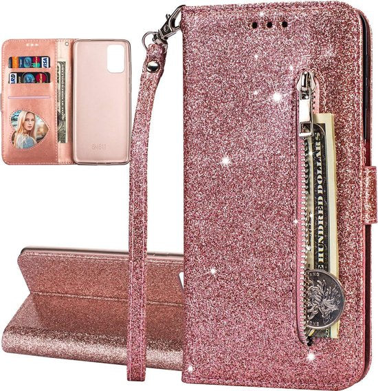 Samsung Galaxy A33 5G Hoesjes – Glitter Portemonnee Case – Rits – Koord – Pasjeshouder – Roségoud-Ilumina Benelux
