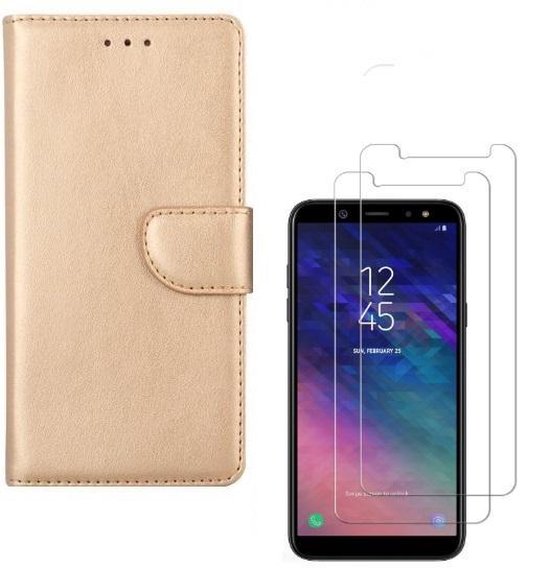 Samsung Galaxy A6 Plus 2018 Hoesjes – Portemonnee Hoes – Magneetsluiting – 2x Gehard Glas Screenprotector – Goud-Ilumina Benelux