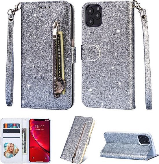 iPhone 12 Mini Hoesjes – Glitter Portemonnee Hoes – Rits & Koord – Zilver-Ilumina Benelux