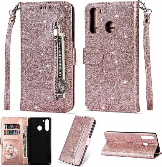 Sparkly Glitter Wallet Hoesje met Rits & Koord Geschikt voor: Samsung Galaxy M11 - Roségoud