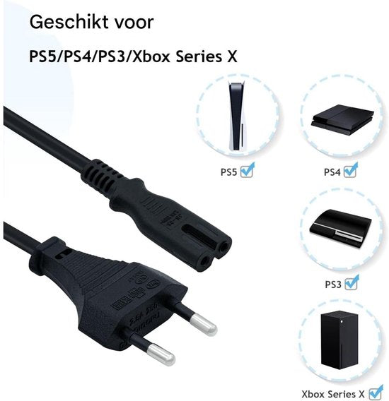 c7 kabel - 1,5 m zwarte stroomkabel - C7-draad Euro-stekker - C7 2-pins stroomkabel - stroomkabel 2 aderig - geschikt voor PS5 / PS4 / PS3 / Xbox Series X/S - zwart